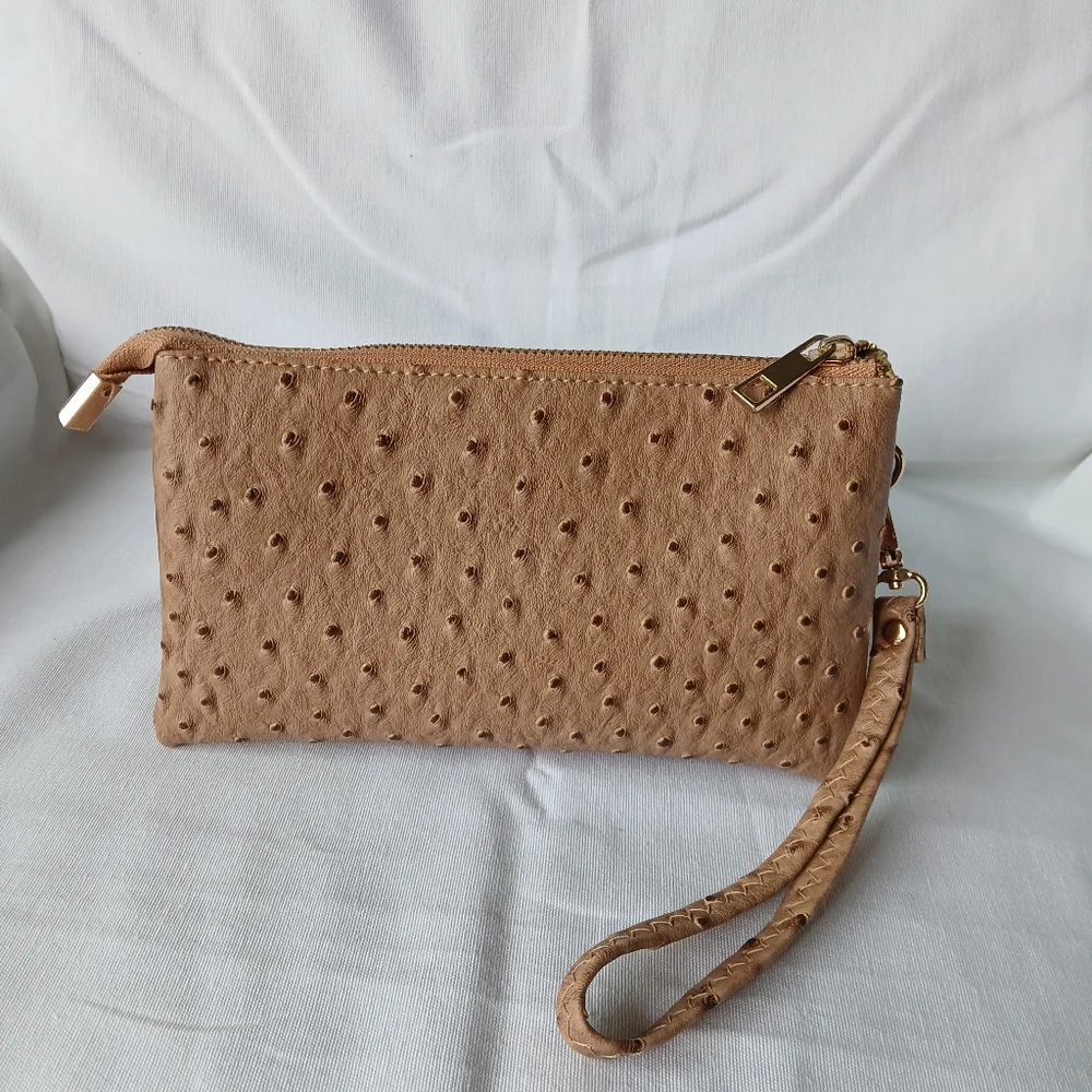 Tan Perforated Faux Leather Wristlet Clutch